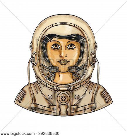 Tattoo Style Illustration Of Bust Of A Female Astronaut Wearing A Space Helmet And Spacesuit Viewed 