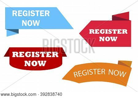 Vector Set Of Red Register Now Labels. Registration Icons. Buttons For Joining. Stock Image.
