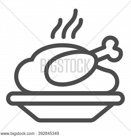 Grilled Chicken In Plate Line Icon, Christmas Concept, Chicken Grill Sign On White Background, Baked