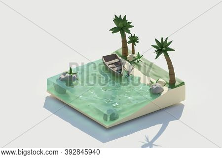 Internet, Travel And Vacation Background. 3d Illustration With A Cut Sea And A Beautiful Island. Chi
