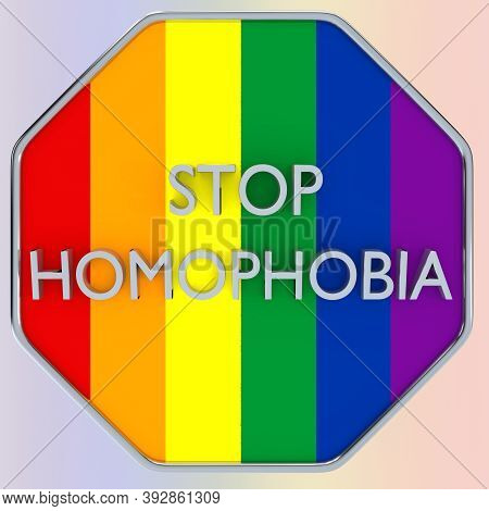 Render Illustration Of Stop Homophobia On Road Sign, Isolated Over Bllured Lgbt Flag.
