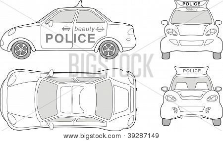 Krása policejní auto (uvedeno shora, boční, zadní, pohled zepředu)