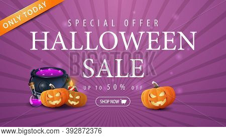 Halloween Sale, Purple Horizontal Banner With 50 Off, Witchs Pot And Pumpkin Jack