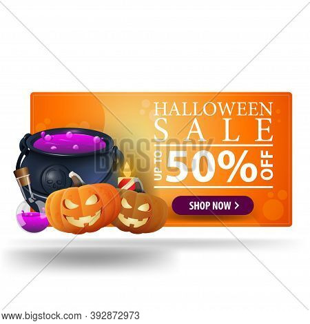 Halloween Sale, Up To 50 Off, Orange Modern 3d Banner With Witchs Pot And Pumpkin Jack