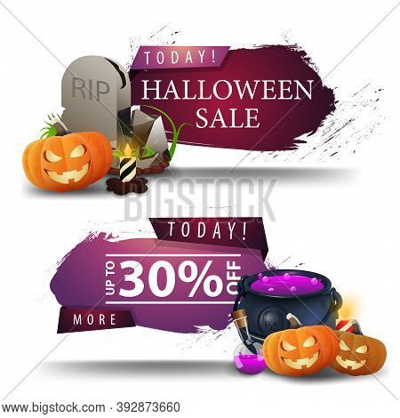 Halloween Sale, Two Discount Web Banners For Your Business With Tombstone, Witchs Pot And Pumpkin Ja