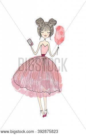 Hand Drawn Little Ballerina Girl, Beautiful Girl, Woman. Cute Little Girl, Doodle Nursery Illustrati