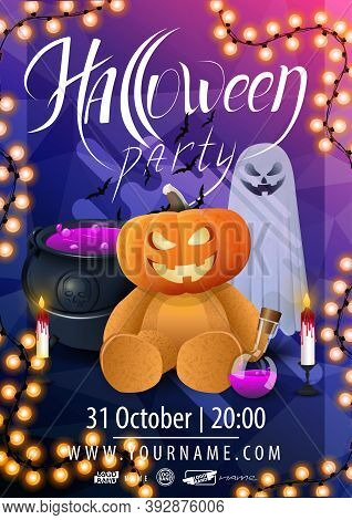 Halloween Party, Beautiful Modern Poster Layout Ready To Print With Witchs Pot, Pumpkin Jack, Ghosts
