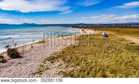 Caravan Trailer Camping On Coast. Aerial View