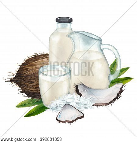Watercolor Glass, Bottle And Jug Of The Plant Based Milk Surrounded By Coconut Leaves, Nuts And Flak