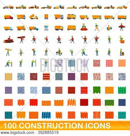 100 Construction Icons Set. Cartoon Illustration Of 100 Construction Icons Vector Set Isolated On Wh