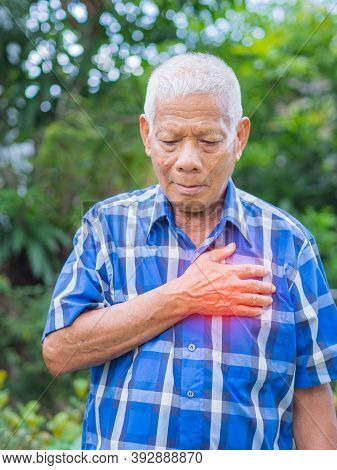 Senior Man Having A Heart Attack. Elderly Asian Man Clutching His Chest In Pain At The First Signs O