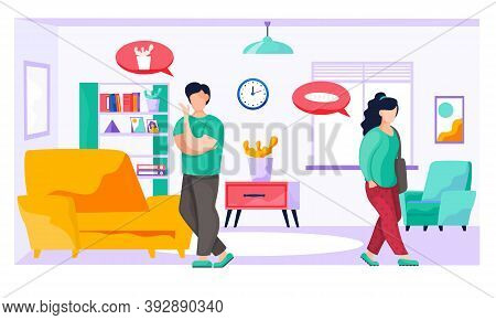 Young Family At Home In The Room, Woman With A Bag Goes To The Store, The Man Is Doing Household Cho