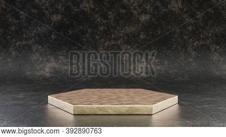 Golden Hexagon Podium Isolated On Black Metal Background. 3d Rendered Minimalistic Abstract Backgrou