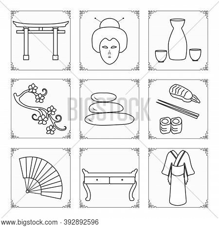 Symbols Of Japanese Culture Kimono, Geisha Face, Sake Set, Torii Ritual Gates, Sakura, Stones Massag