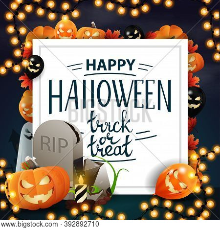 Happy Halloween, Trick Or Treat, Postcard In Form Of Paper Sheet With Halloween Decor, Tombstone And