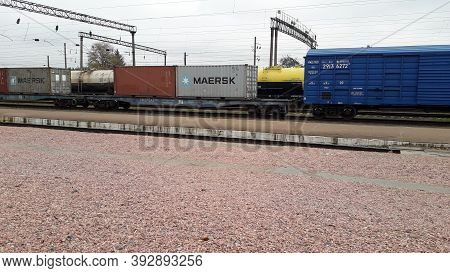 Fastiv, Ukraine - October 30, 2020: A Train With A Maersk Carriage Stands At In The Station