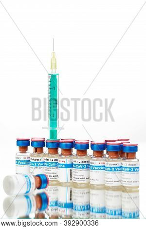 Bottles Of New Sars-cov-2 Vaccine On Table Ready For Application
