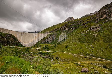 Aerial View Of Mountainscape Below Lac De Moiry In The Swiss Alps. Ch Switzerland.
