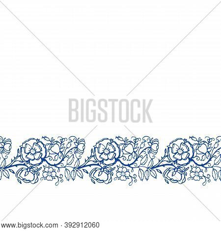 Vector Seamless Retro Rose Border. Vintage Porcelain Blue, Hand Drawn Rose Garland, Embroidery Style