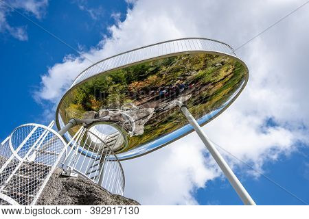 Tanvald, Czech Republic - October 2020: Modern Lookout Tower On Maly . Evokes Sport Bobsled Because 