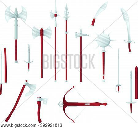Medieval War Type Of Weapon, Set Concept Icon Crossbow, Sword, Axe, Pike Mace And Katana Old Cold We