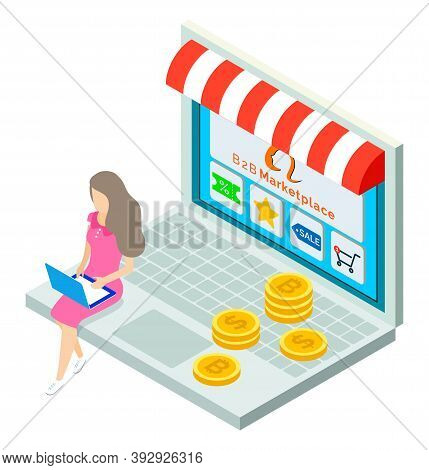 Online Shop, Isometric 3d Laptop. Customer Woman Sit At Keyboard Choosing Products At Website. Stack