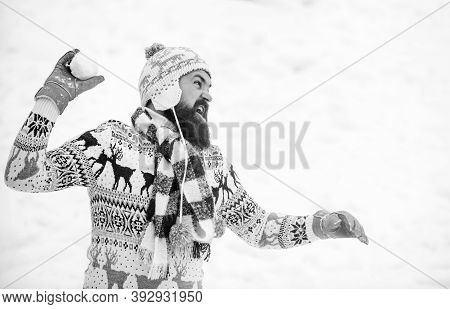 Best Holiday. Winter Season. Christmas Snow Activity. Man Having Fun Outdoor. Winter Holiday. Mornin