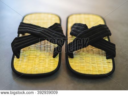 Pair Of Traditional Zori Shoes From Japan. Front View Of Bamboo Sandals.