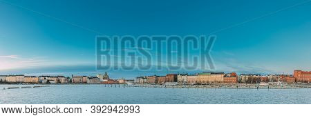 Helsinki, Finland. Panoramic View Of Kanavaranta Street And Uspenski Cathedral And Pohjoisranta Stre