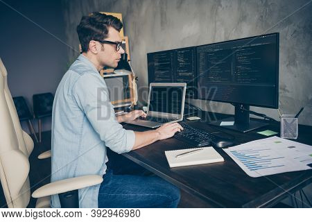 Profile Side View Portrait Of His He Nice Skilled Expert Geek Guy Specialist Solving Problem Remote 