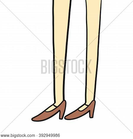 Slender Thin Legs Of A Woman Shod In Shoes, Vector Illustration. Comfortable Shoes Concept, Female L