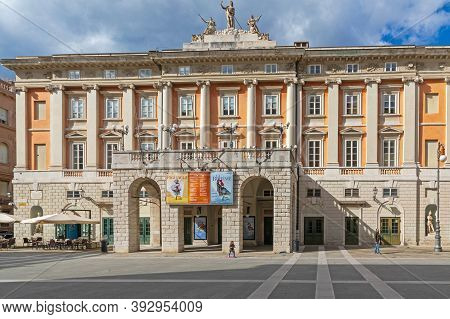 Trieste, Italy - March 7, 2020: Opera And Theatre Lirico Giuseppe Verdi In Trieste, Italy.
