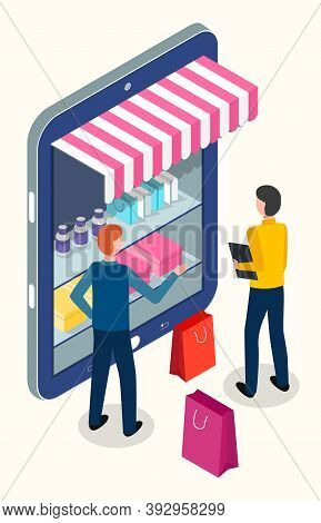 Big Cartoon Smartphone Screen, Shelves With Goods Boxes, Shopping Paper Bags. Man Stands With Folder