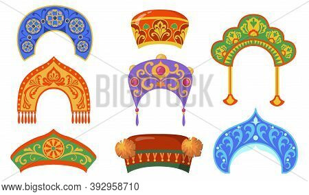 Russian National Lady Hat Flat Item Set. Cartoon Kokoshniks For Ethnic Folk Costume Isolated Vector 