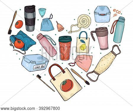 A Set Of Items For A Sustainable Lifestyle In The Shape Of A Heart. Vector Objects Are Isolated On W