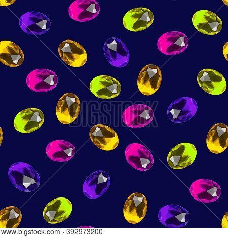 Seamless Pattern. Multi-colored Faceted Stones On A Dark Blue Background.