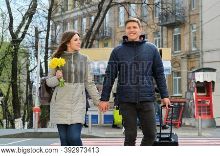 Happy Young Couple Walking With Suitcase Along City Street, Valentines Day, Season Winter Spring, Me