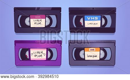 Vhs Cassettes, Old Tapes For Video Home System And Vcr. Vector Cartoon Set Of Vintage Casettes With 