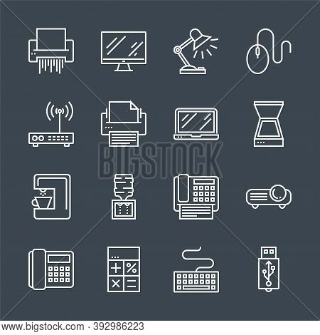 Office Devices Thin Line Related Icons Set Isolated On Black Background. Simple Mono Linear Pictogra
