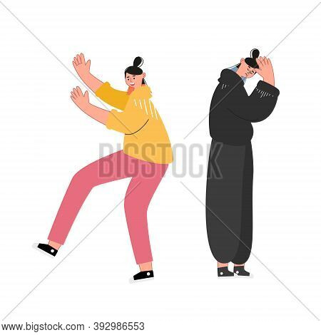 Bad And Good Mood Concept. The Girl Is Sad In Depression, Bowed Her Head. The Girl Is Dancing, Cheer