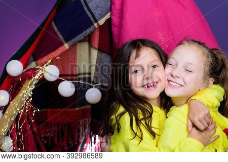 Funny Kids Face Of Two Cute Little Children Playing In Tent At Home. Funny Lovely Kids Having Fun. P