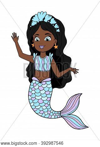 Vector Illustration Of An African American Little Mermaid With A Blue Tail And Dress. Beautiful Dark