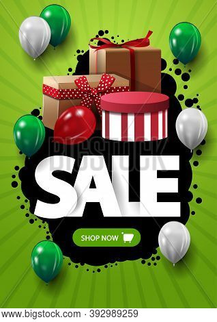 Sale, Verical Green Discount Banner With Button, Blot, Balloms And Gift Boxes