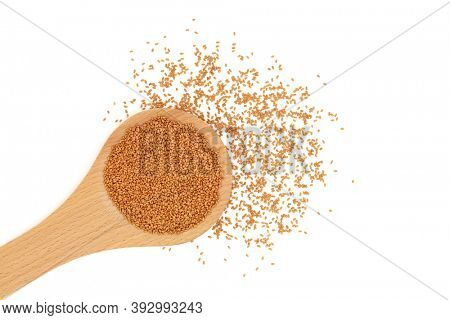 Camelina seed high in omega 3 & antioxidants, is beneficial for the heart, arthritis, hair dandruff, moisturising skin, boosts the immune system & is an anti inflammatory. Top view, copy space.