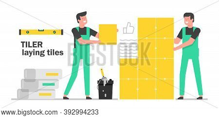 Tiler Laying Tiles. The Tiler Glue The Ceramic Tiles To The Wall.  Laying Tiles At Home