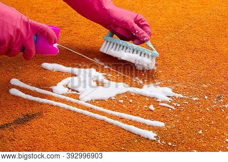 Woman Hand Cleaning Stain On Carpet With Hard Brush. Orange Carpet Cleaning. Carpet Cleaning Service
