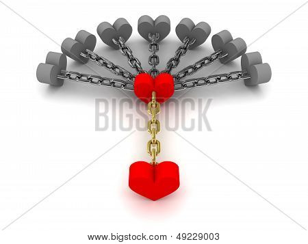 Syv grå hjerter bedrift et rødt hjerte. Afhængighed af dårlige forbindelser. Konceptet 3D illustration.