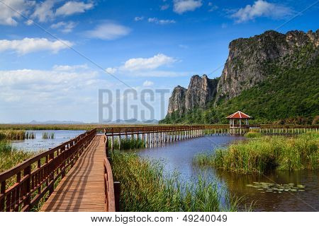 Walking bridge over Lake With Mountain