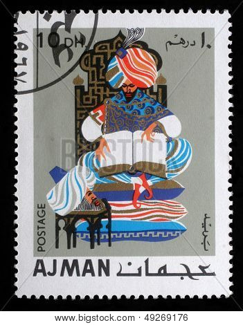 AJMAN - CIRCA 1967: stämpel tryckt av Ajman visar orientaliska sagor, circa 1967