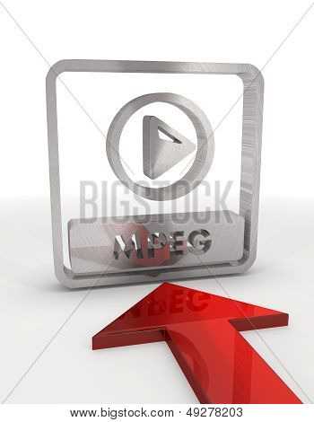 3D Render Of A Metallic Mpeg File Icon With Red Arrow